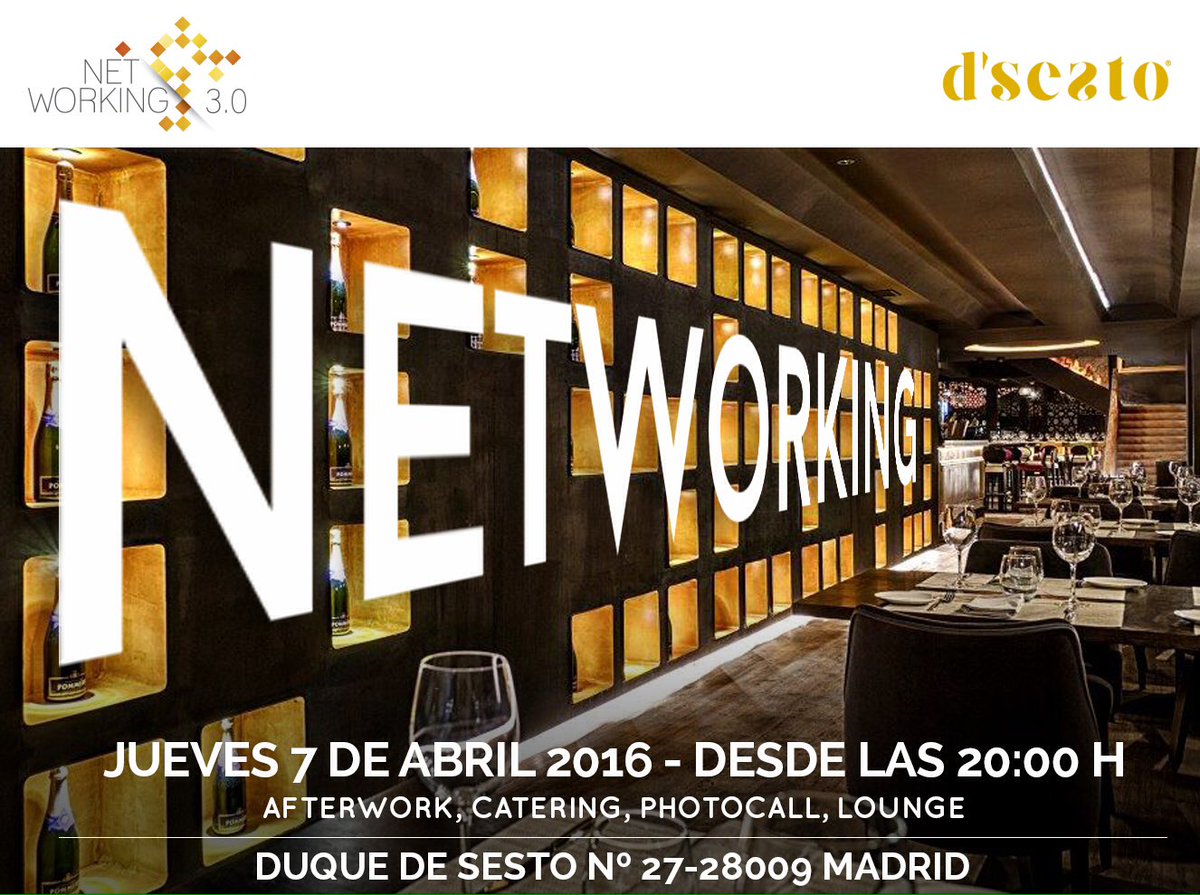 Networking_30's tweet photo. #SAVETHEDATE jueves 7/04/16 vuelve el mejor y auténtico #afterwork de Madrid en @Rest_DSesto #emprendedor @Occursum https://t.co/s78qTMuW6Y