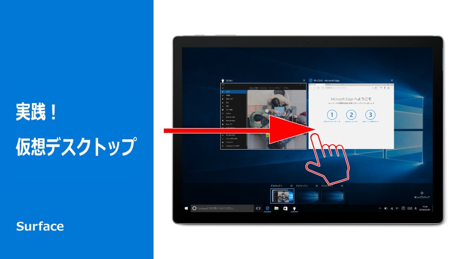 Surface Japan A Twitter 実践 仮想デスクトップ ディスプレイを左端から右へスワイプすると 起動中アプリの確認や仮想 デスクトップの追加や移動ができます 作業用 資料閲覧用 Bgm用など 目的ごとに使い分けると画面が整理できて快適ですよ Win10新機能
