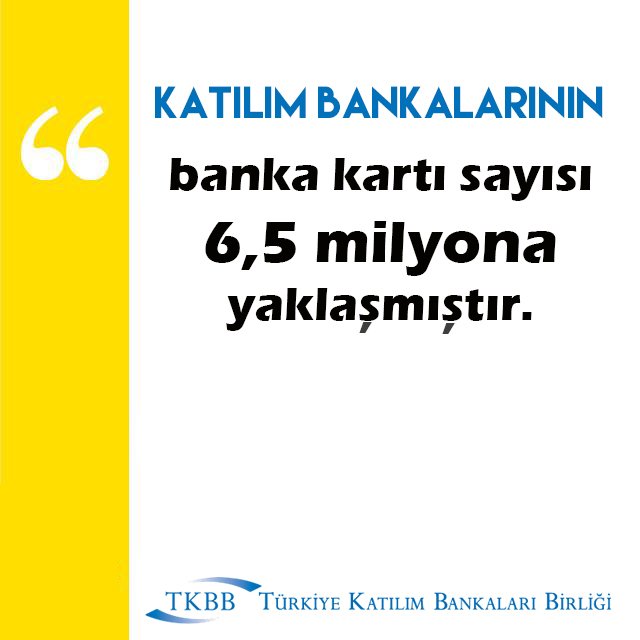 TkbbOrgTr's tweet image. Katılım bankalarının, banka kartı sayısı 6,5 milyona yaklaşmıştır.