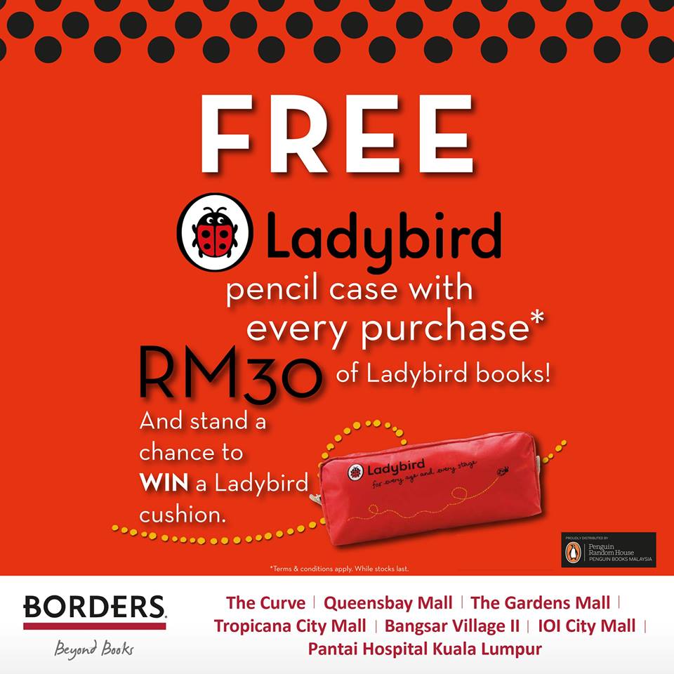 Borders_MY's tweet photo. FREE Ladybird pencil case with every purchase* RM30 of Ladybird books and stand a chance to WIN a Ladybird cushion. https://t.co/nUpW9LWfb5