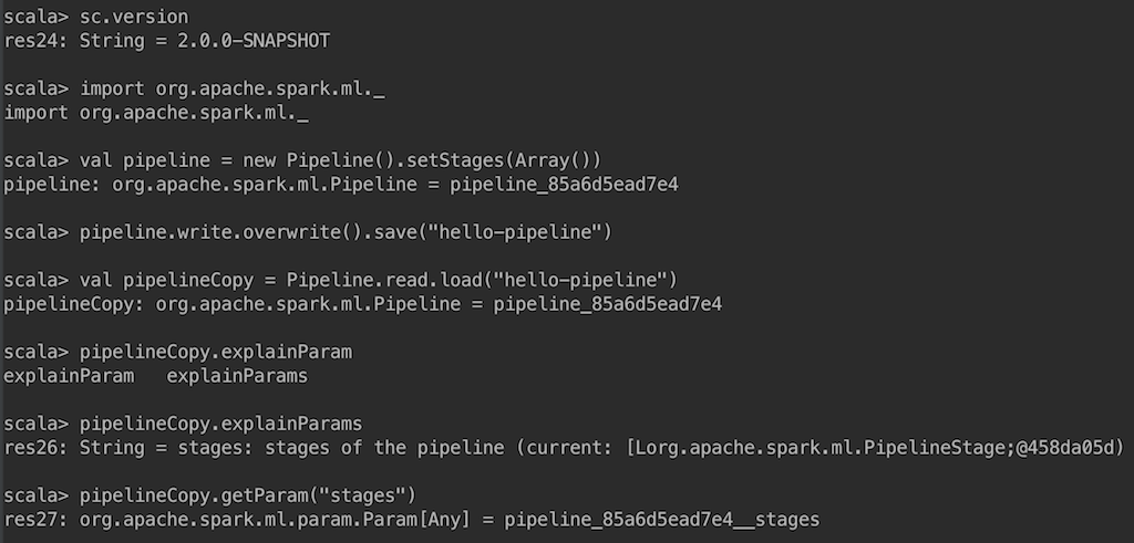 jaceklaskowski's tweet image. More #SparkML this morning. Give Pipeline persistence a shot yourself! #ApacheSpark