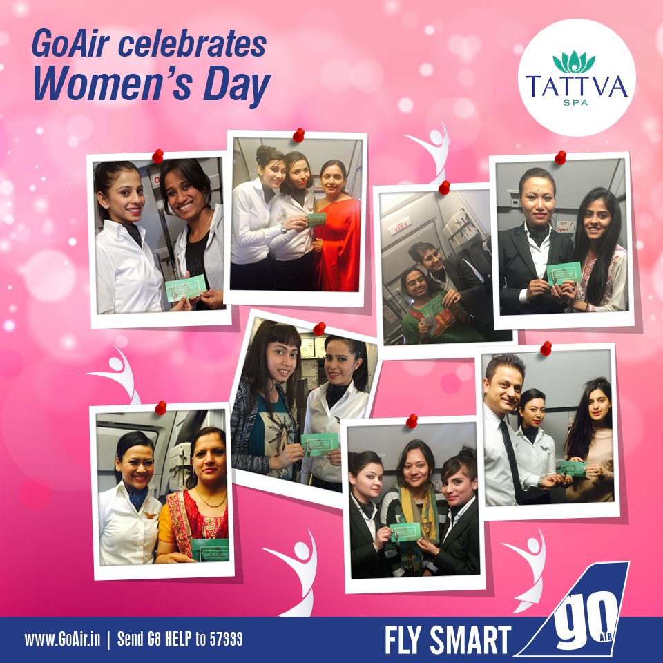 GoFirstairways's tweet photo. GoAir &amp; Tattva Spa salute the eternal spirit of women! We thank our flyers &amp; crew for the support on #HappyWomensDay https://t.co/BCYgomUKsK