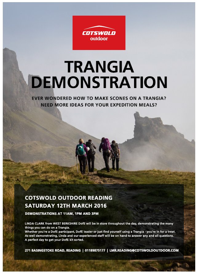 CotswoldReading's tweet photo. We're so excited for tomorrow! We've got Linda Clark from @DofESouthEast  in store for a trangia demonstration! https://t.co/hA0GpWTwAA