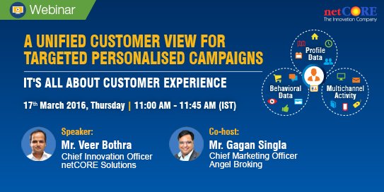 netcore_cloud's tweet image. Join #MarketingAutomation #webinar with @veer &amp;amp; @AngelBrokingLtd CMO #unifiedcustomerview  bit.ly/1Lg9DWr