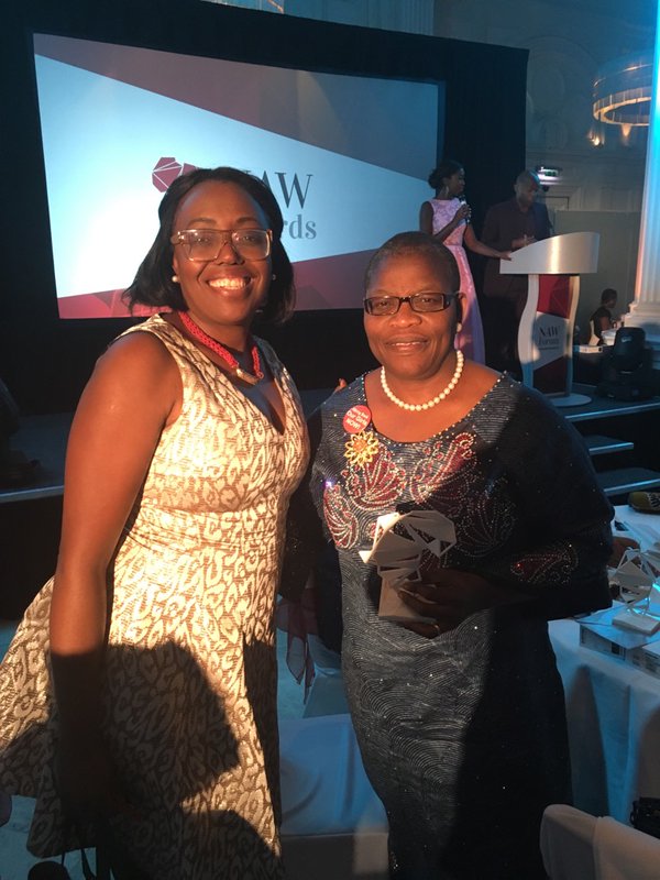 ONE's <a href="/Nachilala/">Nachilala Nkombo</a> with <a href="/obyezeks/">Oby Ezekwesili</a>, winner of New African Woman Leader - civil society. Congratulations! 🙌 #NAWForum