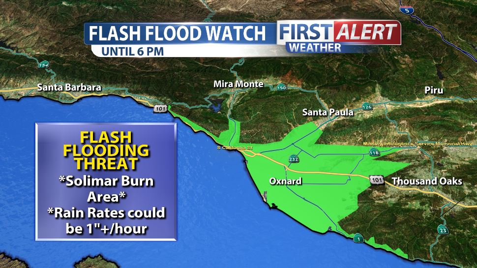GarofaloWX's tweet photo. WEATHER ALERT for #SolimarFire Burn Area & Ventura County, flash flooding/debris flows a threat #cawx https://t.co/6jAkTlwn1k