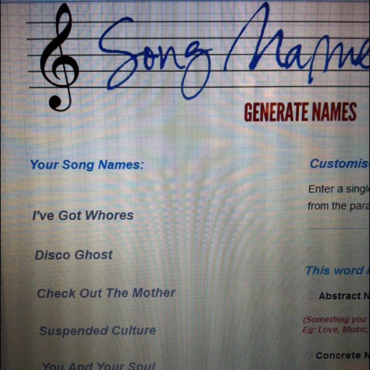 OhHeyImTim's tweet photo. Had #writersblock, tried a #songnamegenerator. Needless to say, it was a spectacular success. #discoghost https://t.co/MZVtaYMX3G