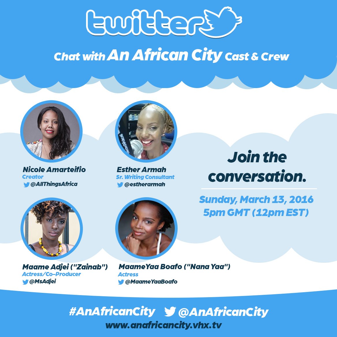 AnAfricanCity's tweet photo. Join @AllThingsAfrica @estherarmah @MsAdjei @MaameYaaBoafo 4 an #AnAfricanCity #TwitterChat! #Mar13 #10amET #5pmGMT https://t.co/lOPTrAdb6K