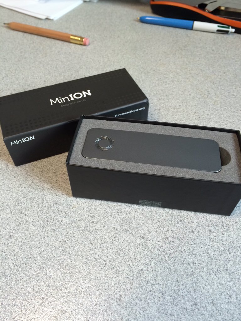 Genomics_Kings's tweet photo. @nanopore look what just came in the post. Only the world's smallest sequencer. super excited! #minION #notMinion https://t.co/4fAzgZ3Nv6