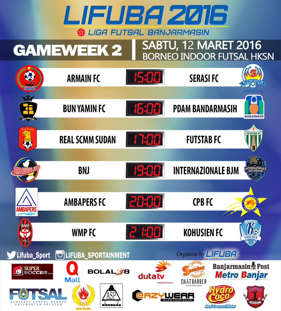 Lifuba_Sport's tweet photo. Sksikn GW2 #LIFUBA2016 sabtu 12/3/2016 dari jam 3 siang di Gor Borneo Futsal @BuhanBanjar @bjmUpdate @InfoFutsalBJM https://t.co/kWlgBHMqyH