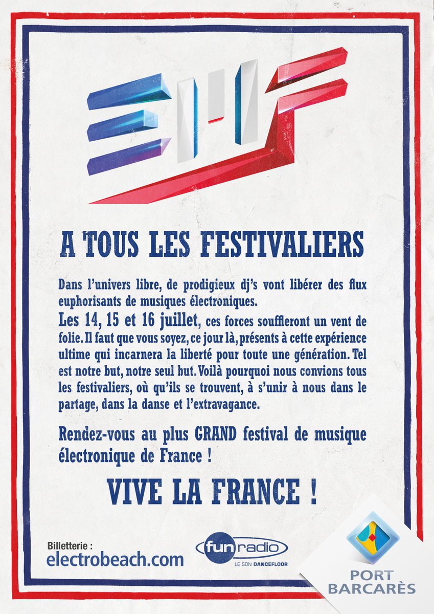 alainferrand's tweet photo. 🇫🇷 🇫🇷 VIVE LA FRANCE ! 🇫🇷 🇫🇷
Billetterie #EMF2016 : https://t.co/NfGX5laHX3 #cc @electrobeach https://t.co/gRSNC5OyIH