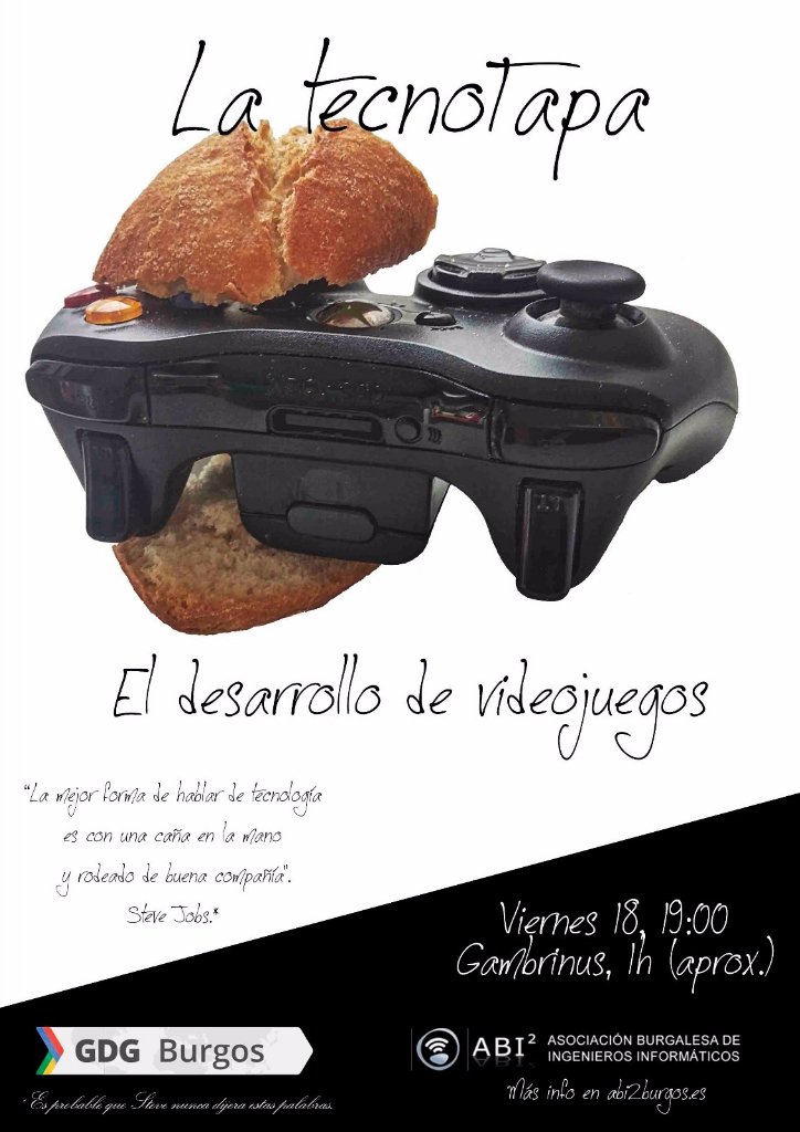 ABI2burgos's tweet photo. Ya esta aquí la #TecnoTapa hablaremos de Desarrollo de Videojuegos en #Burgos ¿Te tomas unas cañas con nosotros? https://t.co/jD1GeUYgy8