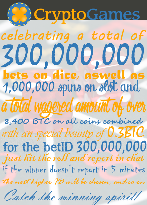 Crypto_Games's tweet photo. 300 millionth bet bouty! Win 0.3 #bitcoin...less then 15 millions bets left ;) https://t.co/eq5W8cTuvL https://t.co/PnayJOVwpW