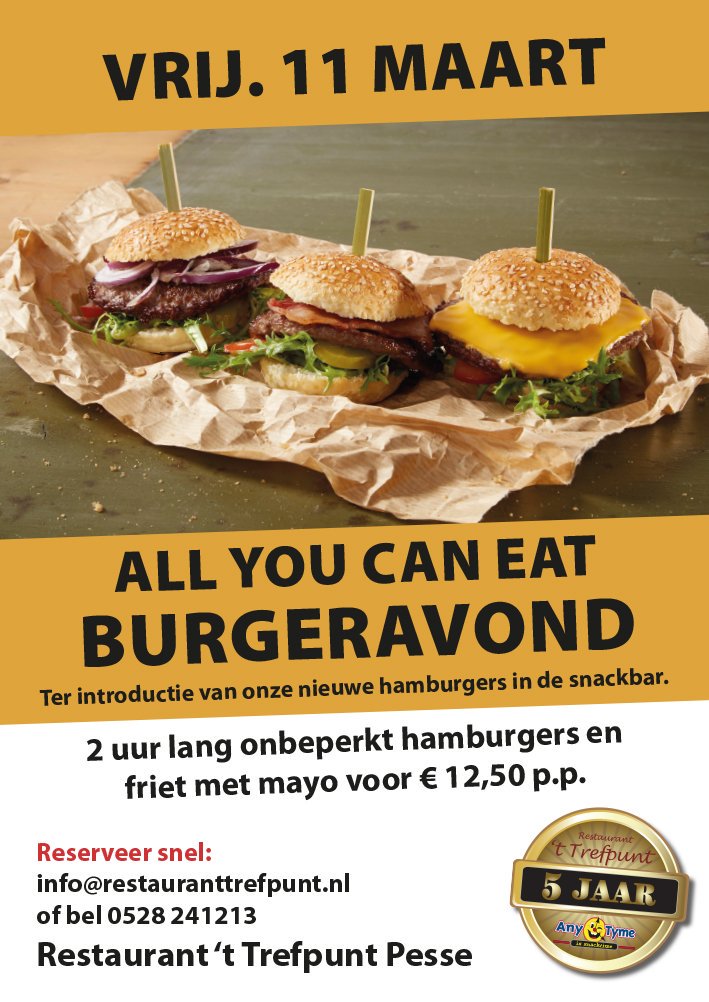 TrefpuntPesse's tweet photo. Naast de hamburgers kunt u vanavond ook gewoon a la carte eten
Ook is de bar langer geopend vanavond!
Tot straks ! https://t.co/u6Y2JL8KsM
