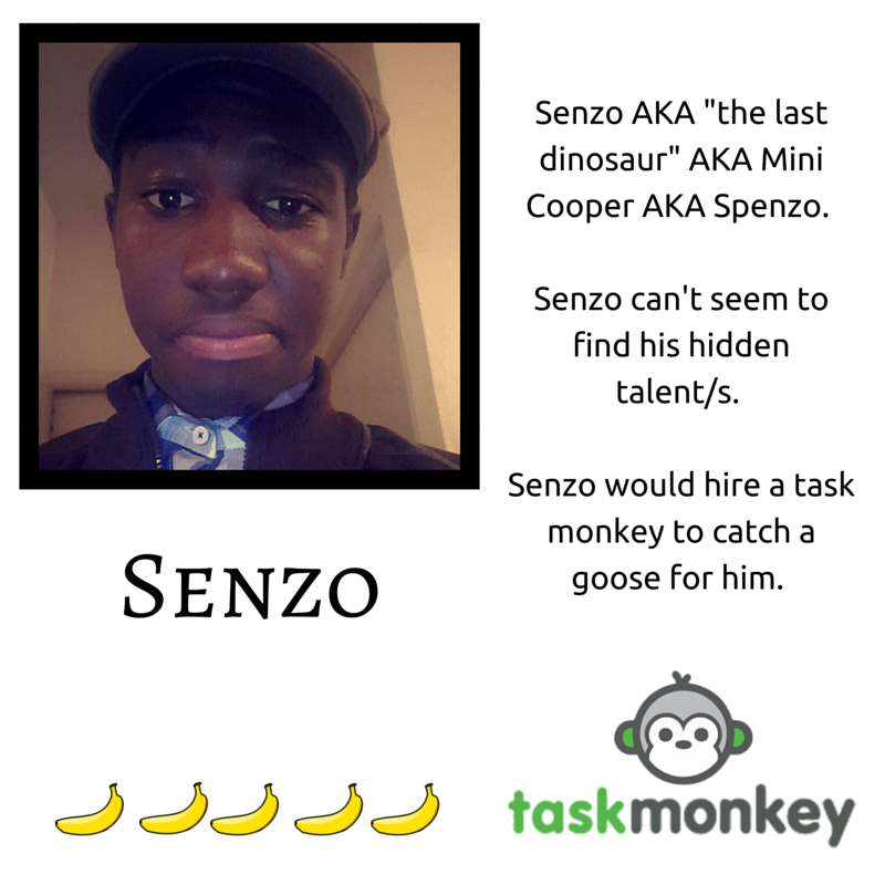 TaskMonkeyZA's tweet photo. Meet Senzo one of our funniest task monkeys. Post a task for Senzo https://t.co/EKX6XsxrOZ #TasksMustFall #Money4 https://t.co/dv7VJwX5ka