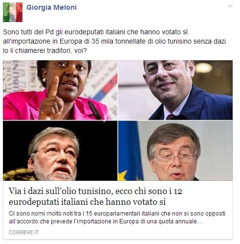 GiorgiaMeloni's tweet photo. Tutti Pd eurodeputati italiani che hanno votato importazione #oliotunisino senza #dazi. Li chiamerei traditori, voi? https://t.co/KwOMQlF5W3