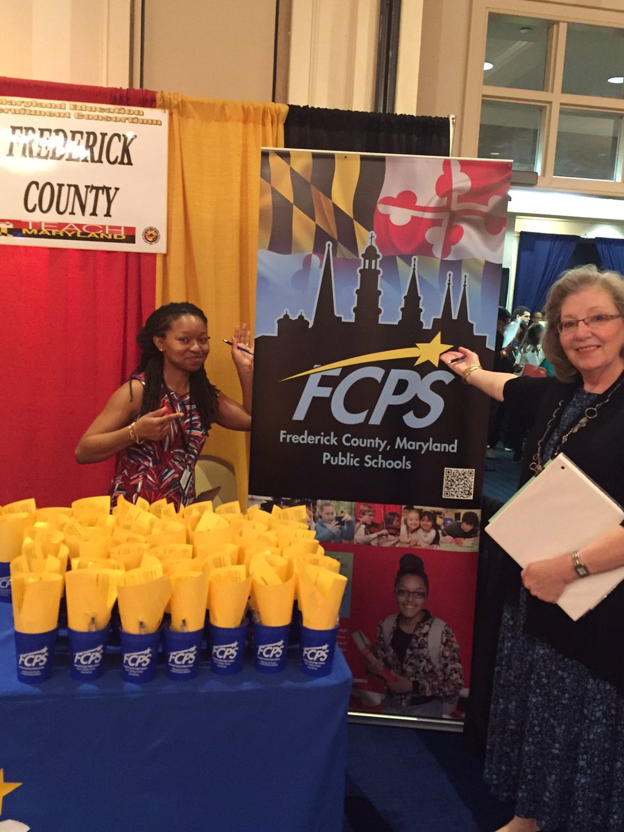 ginakeefer's tweet photo. Don't pass by these smiling faces! @FCPSMaryland is waiting to sign you up for interviews @TeachMaryland #merc2016 https://t.co/aL91joxCWU