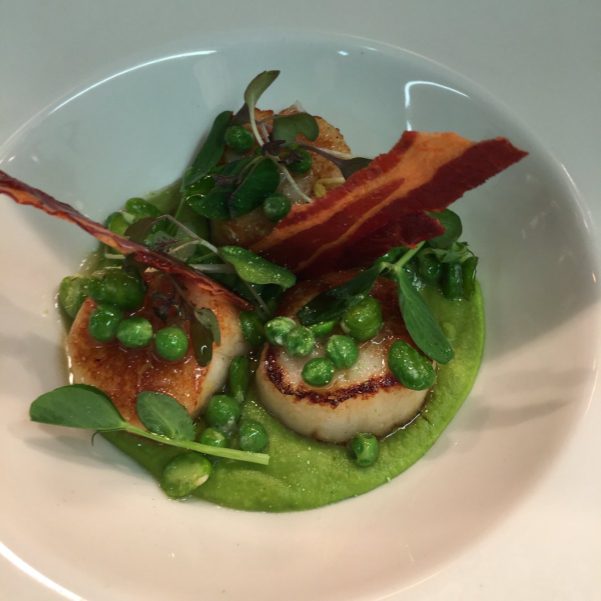 tristangreen's tweet photo. Scallop @handandspearpub #playingwithpresentation #scallop @mjseafood #pancetta @HarveyBrockless https://t.co/b9yPpfOv2e