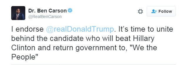 FoxBusiness's tweet photo. BREAKING NEWS: @RealBenCarson has endorsed @realDonaldTrump for president. https://t.co/bCnDWsVnoY