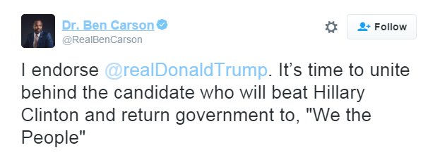 Breaking News: <a href="/RealBenCarson/">Ben & Candy Carson</a> has endorsed <a href="/realDonaldTrump/">Donald J. Trump</a> for president.