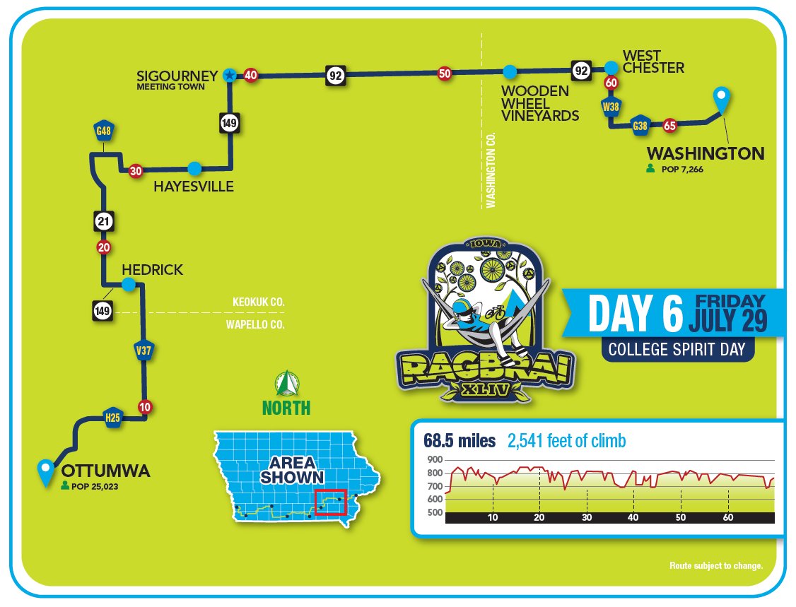 #RAGBRAI Route: Friday, July 29 – Ottumwa to Washington - We will enjoy 68.5 miles with 2,541 ft of climb #RAGBRAI