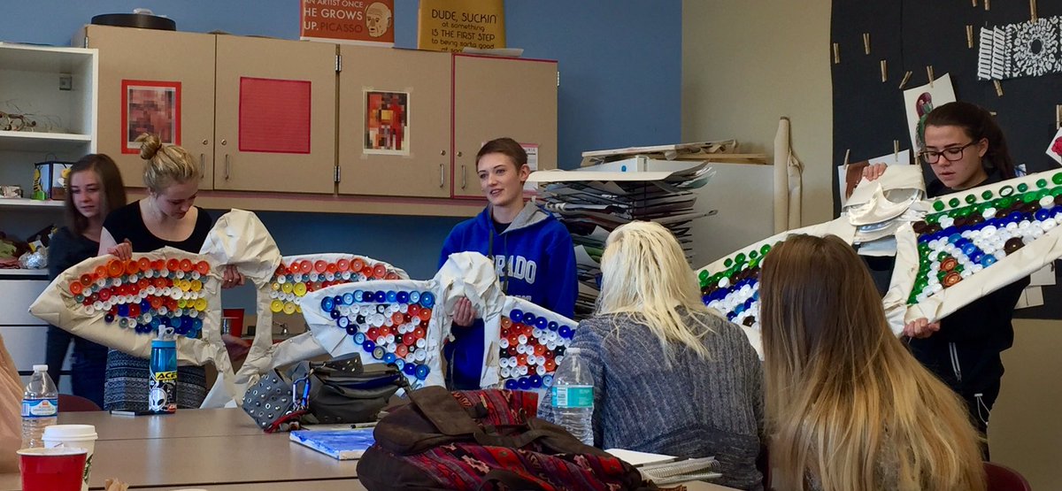 SilverCreekLA's tweet photo. @SC_Unity sharing her @sclacapstone project #art this morning- 4 giant Raptors will be hanging in SCHS soon! https://t.co/Yfzkfluhk1