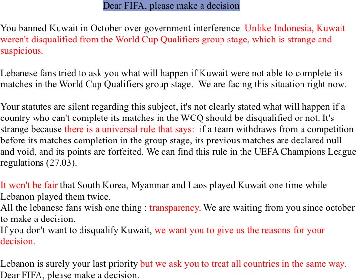 FALebanon's tweet photo. An open letter to @FIFAcom https://t.co/5bA2TRVfSL