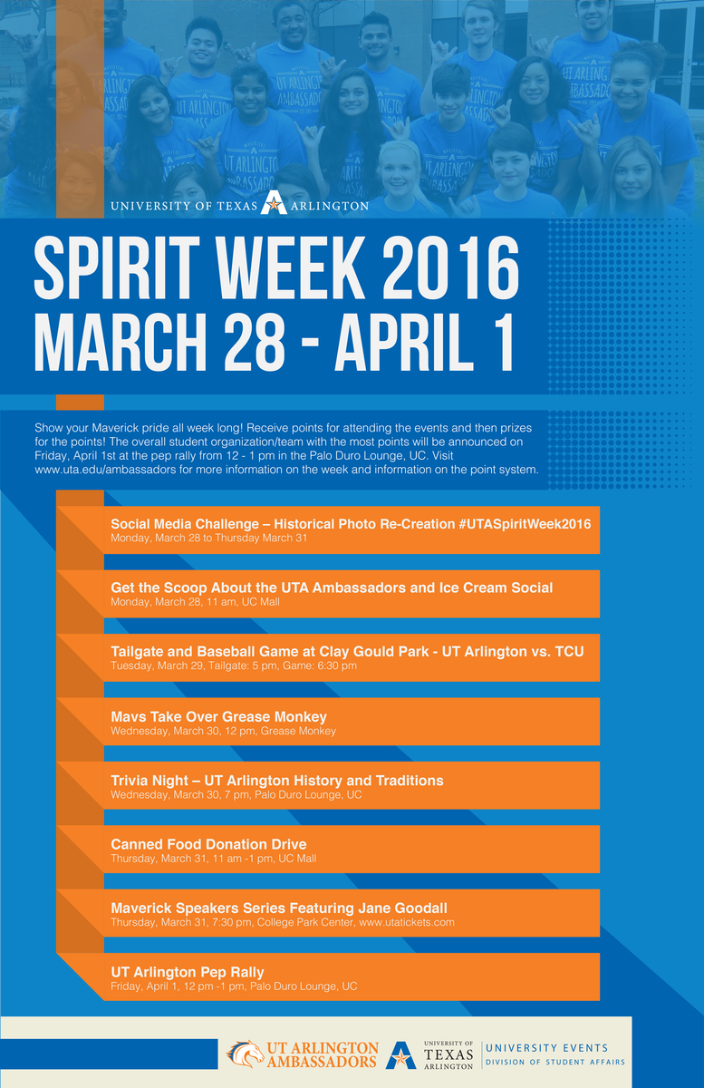 UTArlington's tweet photo. Are you ready for #UTASpiritWeek2016? Learn more about the events here: https://t.co/oKJz71Sbbh https://t.co/gRIFRCJ5Zx