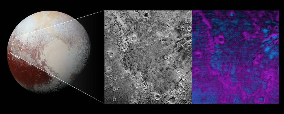 #PlutoFlyby data suggests sublimating methane ice (purple) may be exposing water ice (blue) go.nasa.gov/1TSn6a1