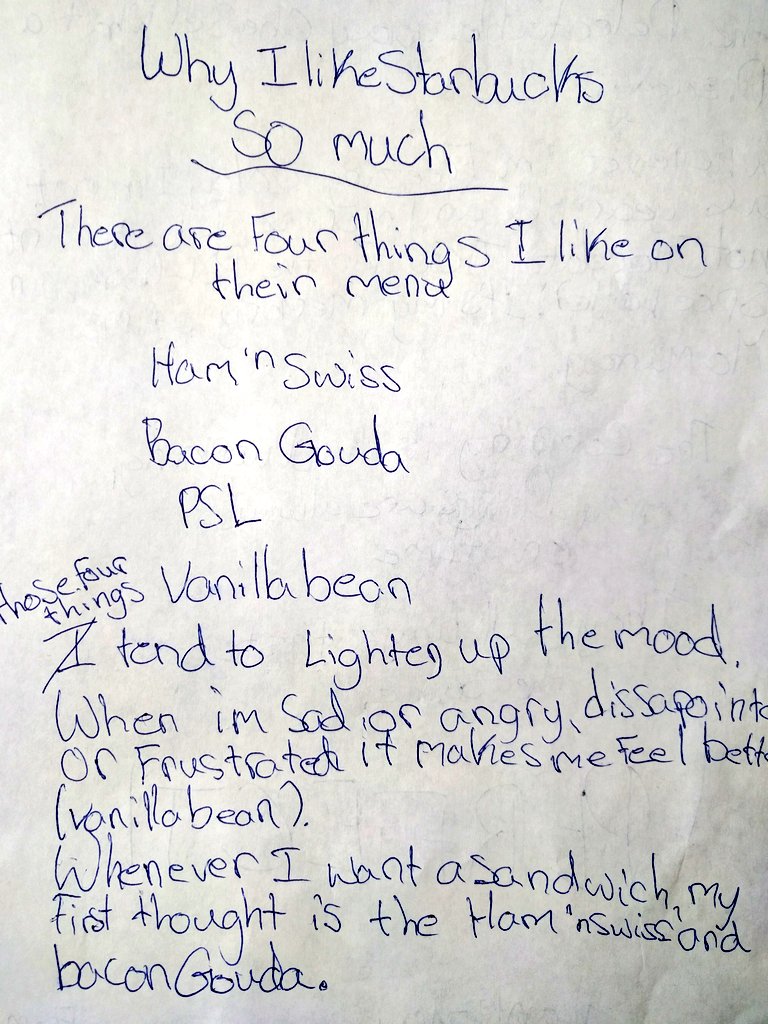 dso2004's tweet photo. .@Starbucks | My 10yr old daughter responds in writing to why she insists on Starbucks #whatadream #psl #bacongouda https://t.co/xbgPlhGglC