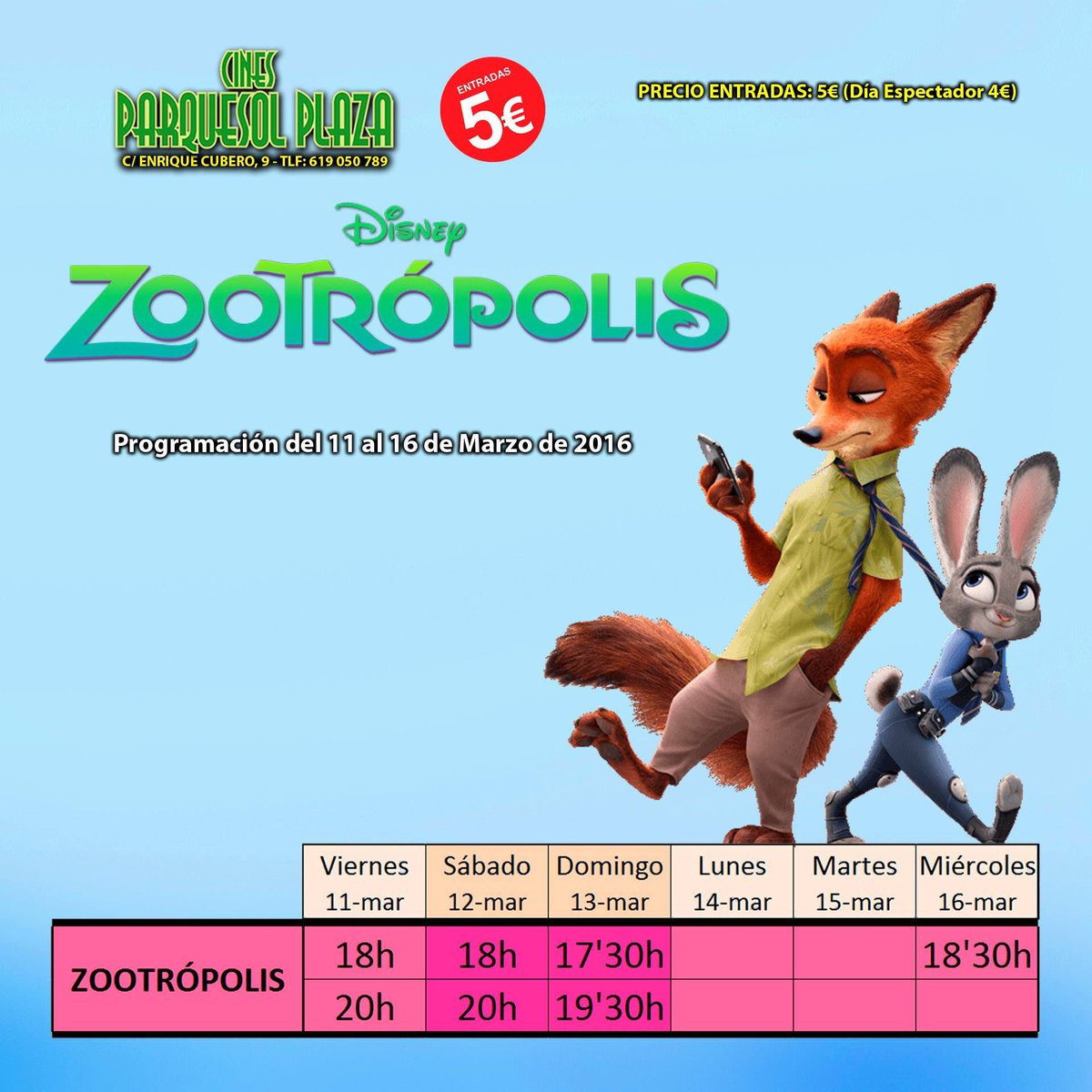 CinesParquesol's tweet photo. Última semana de #Zootropolis en los @CinesParquesol . Recuerda: solo 5€ la entrada para disfrutar del mejor CINE https://t.co/2IxyCW99oT