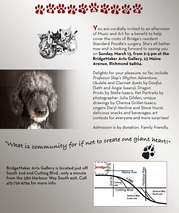 4RichmondCA's tweet photo. Art &amp; music @ BridgeMaker Arts Gallery to benefit a poodle following her recent surgery.  2-5 p.m. Sun, March 13. https://t.co/Kdtas1n1l2