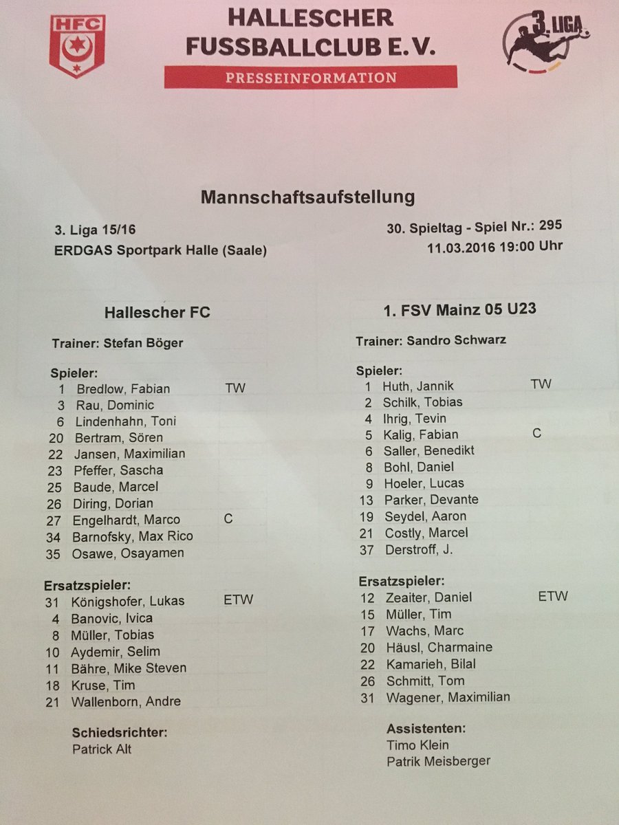 HallescherFC's tweet photo. Die #Aufstellungen in der Partie gegen die #u23 des @1FSVMainz05 #hfcm05 #aufgehtsChemie https://t.co/wFOSTypCbM