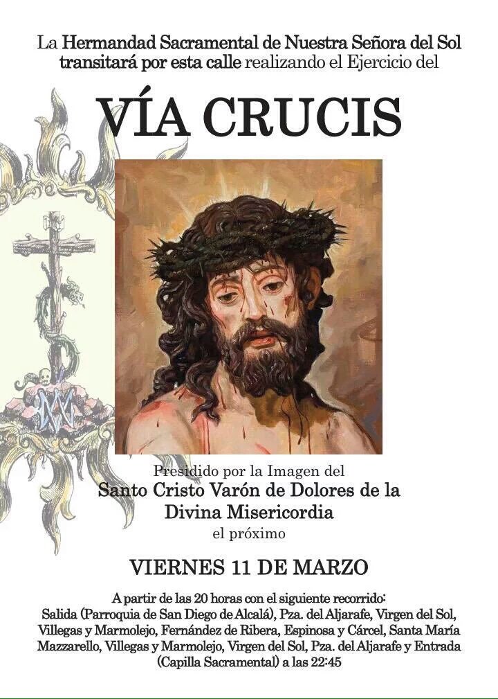 A las 20 h., tendrá lugar el vía crucis del Cristo Varón de Dolores del Sol

📷 <a href="/hdaddelsol/">Hermandad del Sol</a>