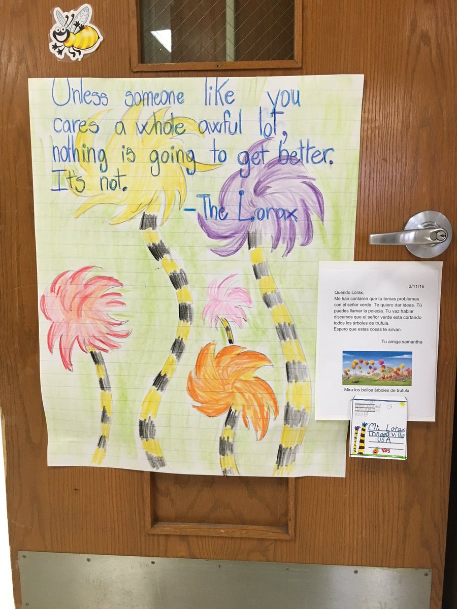room122B1st's tweet photo. 1st graders bilingues writing to the Lorax to create awareness of how he can stop cutting the trees. https://t.co/rPzbcIztk1