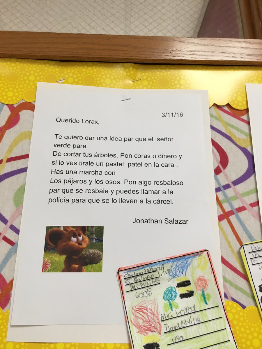 room122B1st's tweet photo. 1st graders bilingues writing to the Lorax to create awareness of how he can stop cutting the trees. https://t.co/rPzbcIztk1