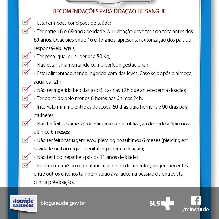 Já doou sangue este ano? Confira as recomendações e programe-se. Muitas pessoas precisam de você! #doesangue