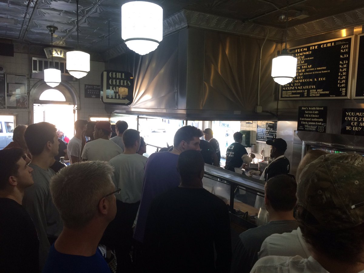 StonehillMBB's tweet photo. Cheese steaks at Jim's Steaks for lunch! When in Rome... #whizwith #cheesesteak #philadelphia https://t.co/runYHMifjM