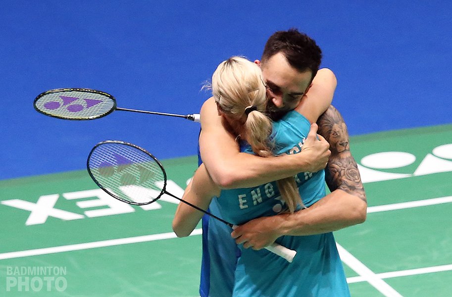 Warm hug for warm victory from @ChrisAdcock1 and @gabbywhite011 . They are in the semi final of @YonexAllEngland