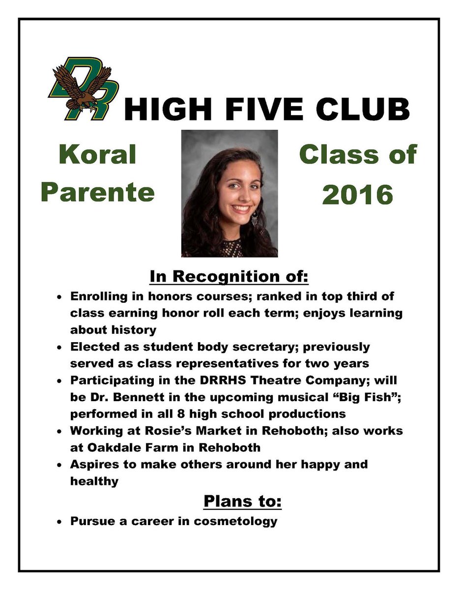 DRHighSchool's tweet photo. Congratulations to Koral Parente and Gregory Fine for being this week's high fives! @DRStudents @DRClassof2016 https://t.co/4ZBTqlLmI5