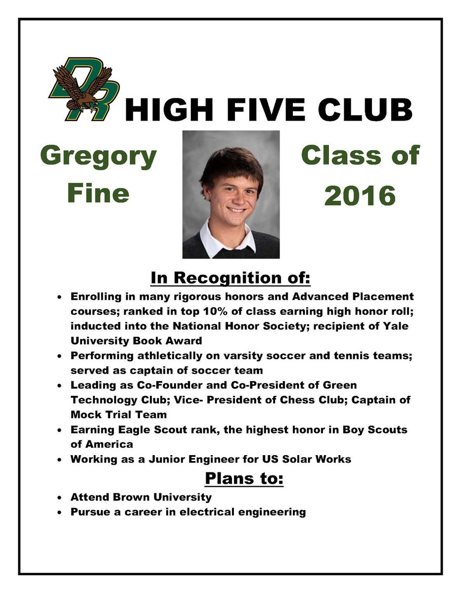 DRHighSchool's tweet photo. Congratulations to Koral Parente and Gregory Fine for being this week's high fives! @DRStudents @DRClassof2016 https://t.co/4ZBTqlLmI5