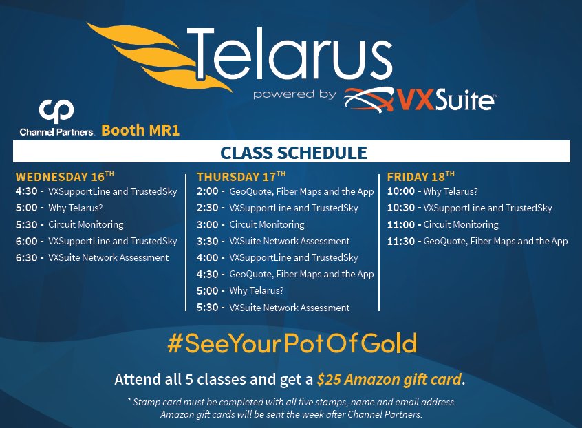 telecom_updates's tweet photo. Don't miss out on an easy Amazon gift card while at @cpexpo! Attend our 5 short classes in the @telarus booth (MR1) https://t.co/13oexCO0Py