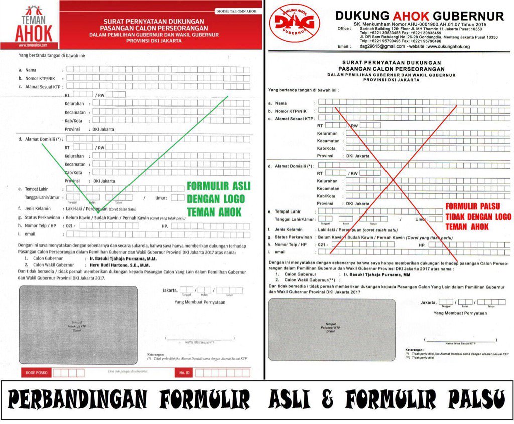 gm_gm's tweet photo. Bagi para pendukung Ahok-Heru, bedakan Formulir yg otentik dan yg palsu. Cek di posko-posko. https://t.co/MHsl6mSfO5
