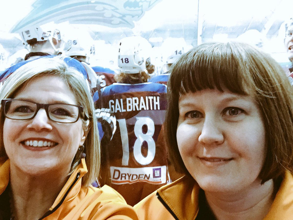 AndreaHorwath's tweet photo. .@Sarah4NWO & I waiting to drop the puck at tonight's @DrydenGMIceDogs game. #goicedogsgo!! https://t.co/gZ4MBcqHup