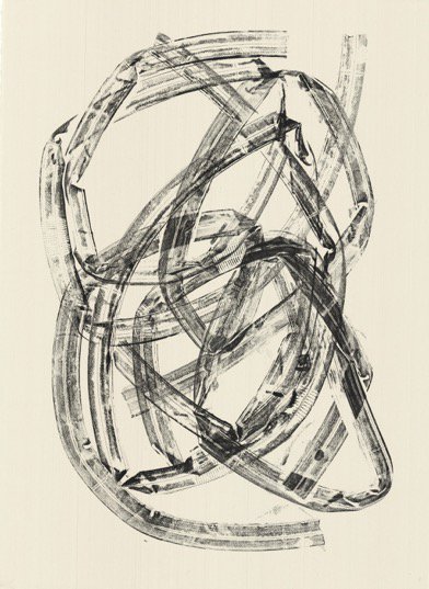 2ndStatePress's tweet image. #FobFriday In Molly Lloyd's print 'Screech' a deflated bike tire finds new purpose. Part  of 'Continue Blind' series