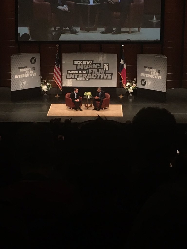 adaptmobile's tweet photo. I dag hørte vi bl.a. @BarackObama tale om privacy, tech og burgere 🍔 Inspirerende session! #SXSW2016 #sxswdk https://t.co/gG270Y2B3O