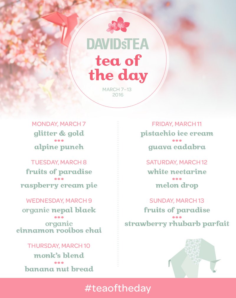 DAVIDsTEA's tweet photo. Get your weekend started! Come see us for a #teaoftheday. Here's what's sampling this weekend. https://t.co/xMdhRtAvy6