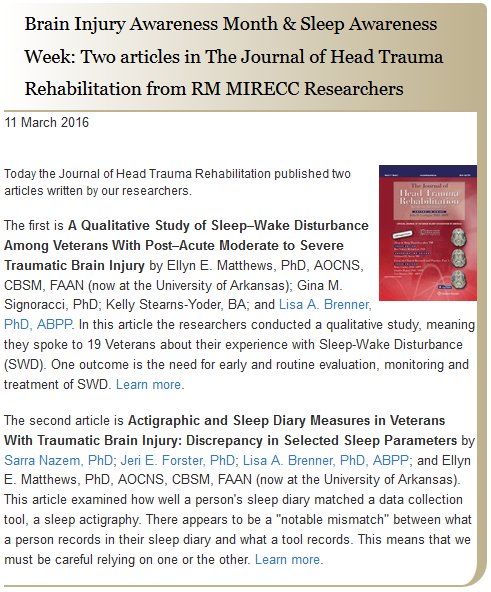 .<a href="/LisaABrenner/">Lisa Brenner</a> <a href="/jeri4ster/">Jeri Forster</a> contribute pubs #SleepAwarenessWeek #BrainInjuryAwarenessMonth mirecc.va.gov/visn19/