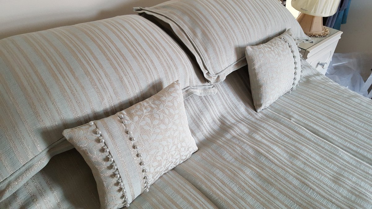#bedroom#bedspread and #curtains finished today.  Pretty bead trimmed #cushions complete the look.