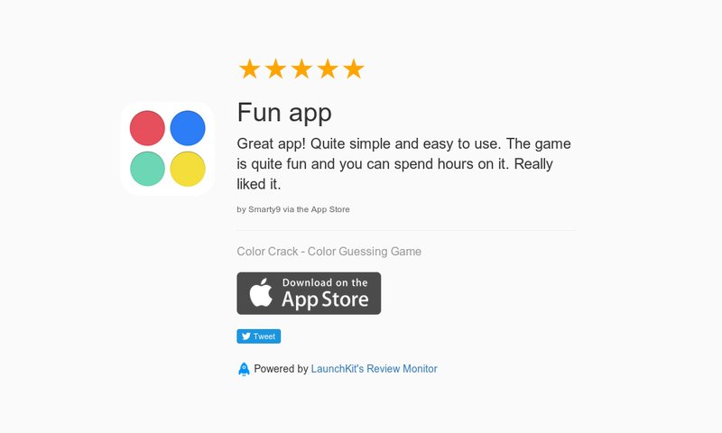 ColorCrack's tweet image. 5 Star Review: "Fun app: Great app! Quite simple and easy to use. The game is quite fun an…" launchkit.io/reviews/Q64w6d…